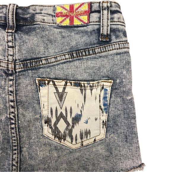 Machine Y2K High Rise Raw Hem Mini Denim Shorts Acid Wash Southwest Aztec - Picture 4 of 8